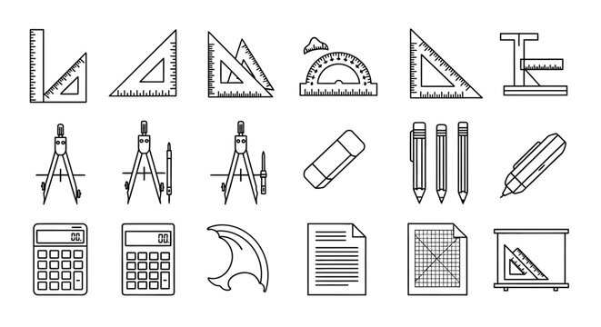 Collection of various stationery and measuring tools used in education and drafting