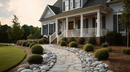 Naklejka premium Stone walkway manicured bushes luxury home white porch landscaped yard elegant entrance suburban house green lawn peaceful inviting
