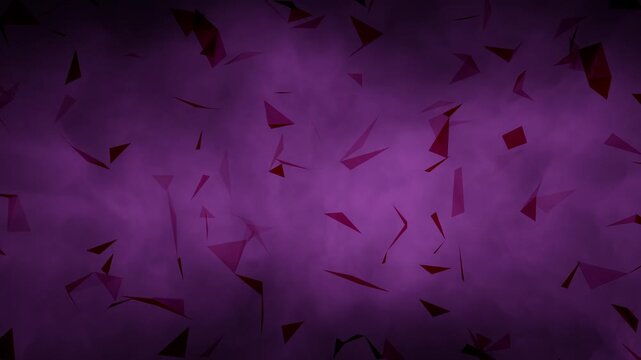 Abstract background with floating triangle shapes moving through purple smoke, creating dynamic futuristic motion, soft glow atmosphere and modern digital design. Animation.
