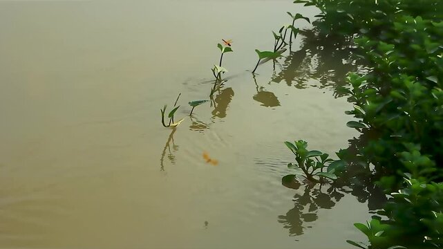 a grass with water reflection in the river 