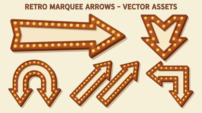 Collection of Vintage Marquee Arrows with Glowing Light Bulbs - Retro Signage Elements Vector Set