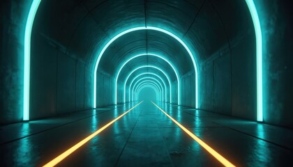 Fototapeta premium Endless neon tunnel interior with illuminated arches and reflective floor. Futuristic pathway with glowing blue and yellow lights. Dark passage leads to bright light.