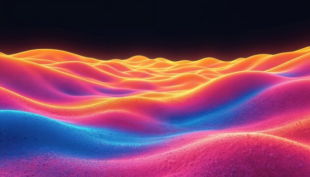 Abstract landscape with glowing hills in vibrant rainbow colors. Smooth undulating terrain with textured surface under dark sky. Digital art with thermal gradient effect.