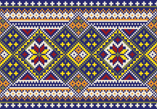 Colorful pixel ethnic geometric seamless border pattern inspired by traditional folk textile and embroidery designs. Featuring vibrant blue, yellow, red, and green tones. It not AI generated.