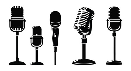 Collection of five classic and modern microphone models on stands © arfanah02