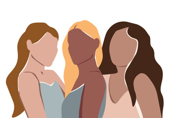 Three abstract silhouettes of young attractive women with different colored long hair, together. Flat vector graphics. © Ирина Горбунова