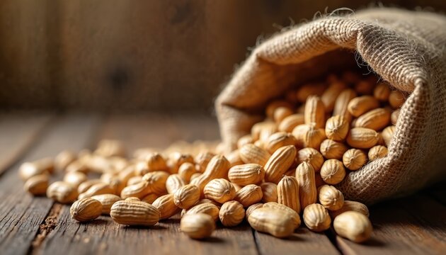 Peanuts spill from burlap sack onto rustic wooden table. Natural raw groundnuts in shells show textured grooved patterns, healthy snack ingredient for cooking.