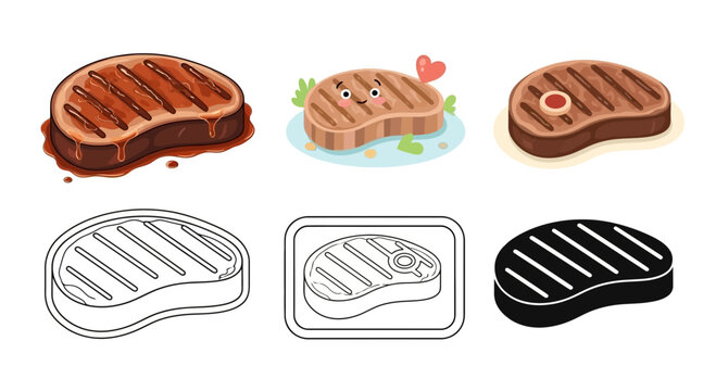 Collection of illustrations featuring various cuts of grilled and raw beef steaks, including a cartoon steak with a heart