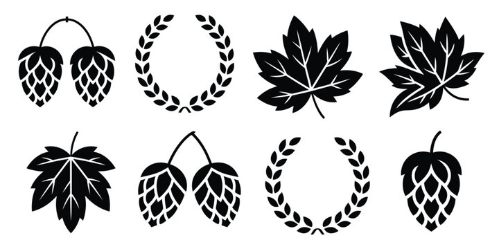 Hop leaf brewing icons illustration, black botanical vector set with laurel wreath, maple and grapevine leaves for beer branding design.
