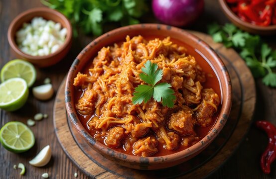 Authentic Tinga de Pollo dish from Puebla Mexico. Shredded chicken in a rich tomato chili sauce served in rustic clay bowl. Fresh lime cilantro onion garnishes enhance this savory Mexican meal.