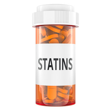 Statins prescription pill bottle with tablets, 3d rendering