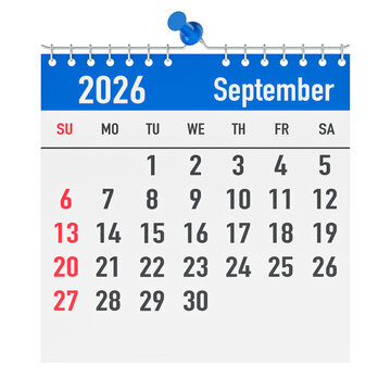 September 2026, wall calendar page for september 2026 with Sundays highlighted. 3d rendering
