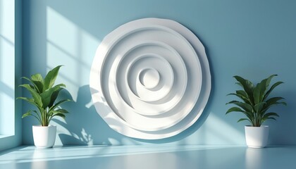 Fototapeta premium Abstract white concentric circles adorn a light blue wall. Two potted green plants flank the artwork, casting soft shadows. Clean modern interior decor design.