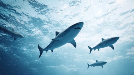 Obraz premium Group of sharks swimming beneath ocean surface with soft sunlight filtering through water. Powerful marine predators moving together in deep blue sea. Dramatic underwater wildlife and ocean ecosystem