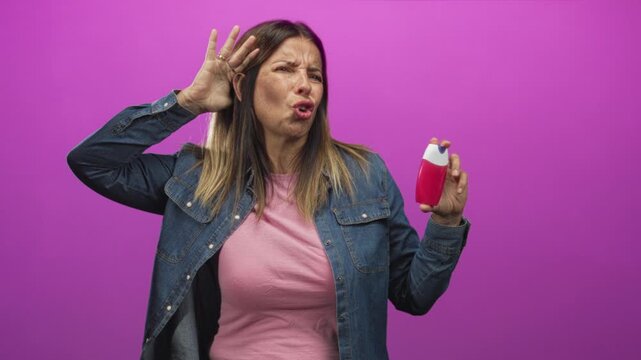 Middle age hispanic woman holding toothpaste bottle, hand cupped to ear in studio, grimacing as if detecting a bad smell or sound; disgust.
