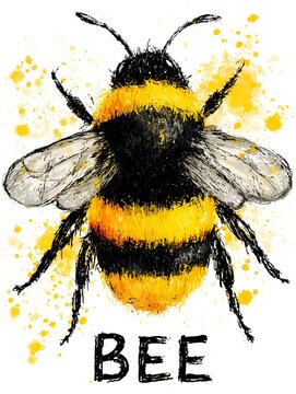 A charming watercolor painting showcases a fluffy bumble bee with black and yellow stripes and wings on a white background with paint splatter.