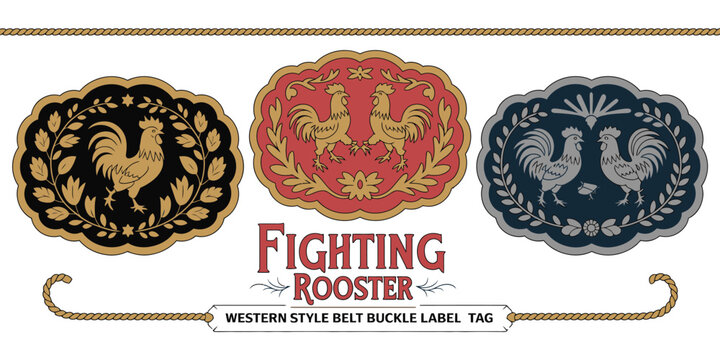 Fighting Rooster Belt Buckle Label Vector Featuring Western Ranch Cowboy Style Beautiful Winner Emblem Stylized Rooster Silhouette Decorative Tag Illustration Classic Rustic Design