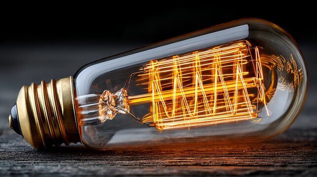 Close-up shows a vintage filament bulb glowing warmly, its intricate design casting soft light on a textured wooden surface beneath it.