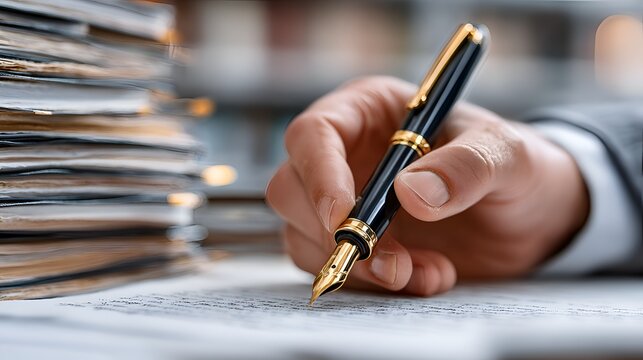A person's hand is elegantly writing on documents with a beautiful fountain pen on a desk with a large stack of papers nearby.