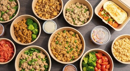 Fototapeta premium Overhead view of several prepared meal bowls, sides, and containers on a dark wooden table