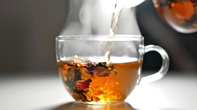 Elegant slow cinematic capture of floral tea infusion pouring into a transparent cup, petals subtly visible inside, glowing backlight illuminating steam and liquid clarity, bright minimal environment,