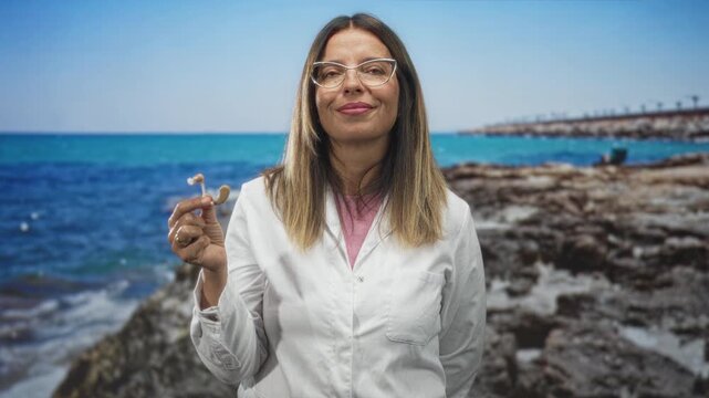 Woman middleaged hispanic doctor holding a hearing aid in hand on a rocky beach wearing a lab coat and glasses, eyes closed and smiling; relief.