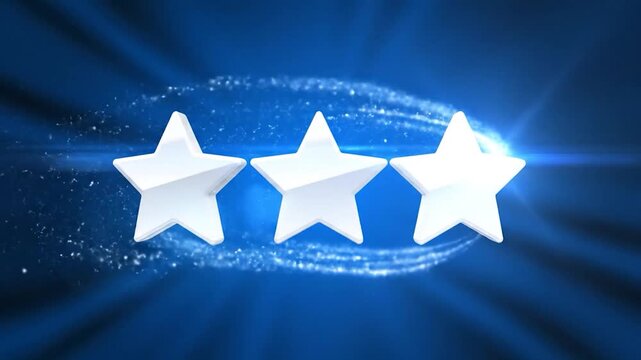 Three dimensional white stars on a vibrant blue background with light effects