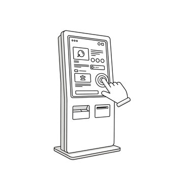 Modern interactive kiosk with a person's hand touching the screen for information.
