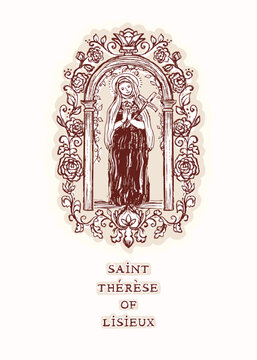 Beautiful hand drawn Saint Therese of Lisieux with little flower rose frame illustration. Isolated flat vector christian greetings print design. Devotional prayer card, catholic pilgrimage blessing