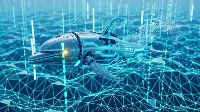 A futuristic robotic dolphin swims through a digital blue network ocean with glowing circuits.