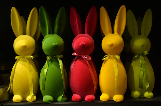 
Easter holiday. Easter decorative bunnies in a decor store.