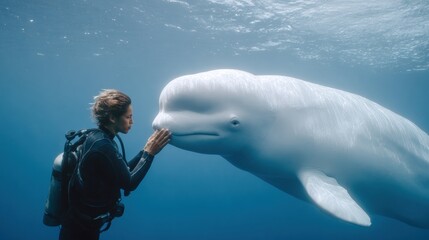 Naklejka premium Scuba diver gently touching a beluga whale underwater, illustrating a peaceful humanâanimal connection in the open ocean.