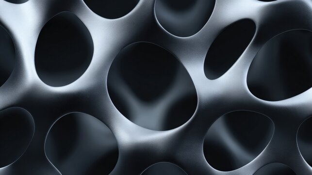 Abstract metallic mesh surface with smooth organic holes and dark depth, futuristic 3D pattern in monochrome tones.