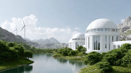Obraz premium Futuristic white domed buildings by a river in a green mountain valley with wind turbines, symbolizing sustainable eco-friendly technology.