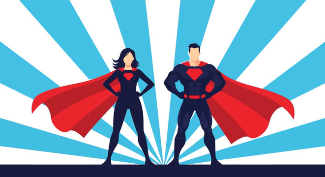 Superhero duo standing confidently with red capes and bold costumes