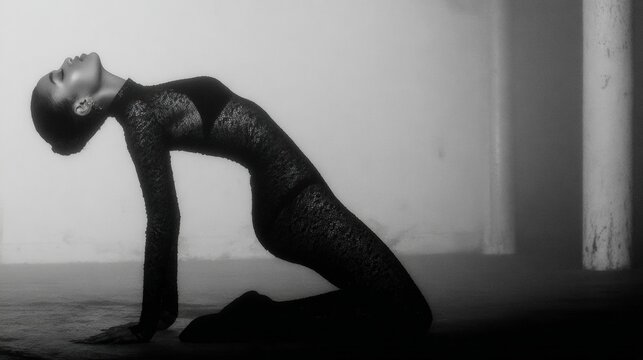 Woman in lace bodysuit arching back in dramatic pose on floor, black and white artistic studio portrait with soft moody lighting.