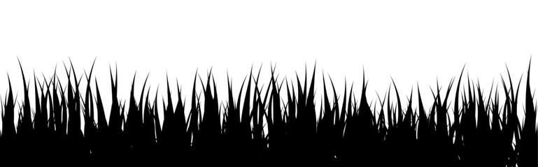 Naklejka premium Meadow silhouette with grass, plants on plain. Panoramic summer lawn landscape with herbs, various weeds. Herbal border, frame element. Black horizontal banners. Vector illustration
