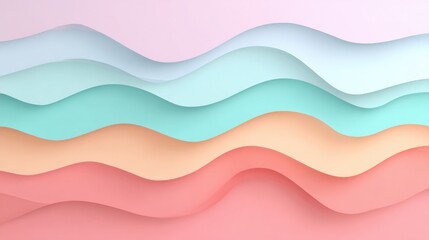 Fototapeta premium Soft pastel wavy layers forming an abstract flowing background in pink, peach, mint, and blue tones.