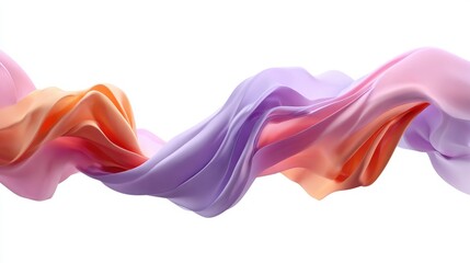 Obraz premium Flowing pastel fabric waves in pink, purple and orange forming an abstract, silky ribbon on a white background.
