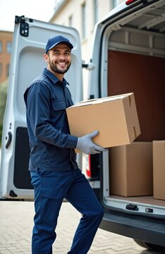 Smiling delivery man in blue uniform loads cardboard box from van. Worker handles package parcel for client. Courier service, shipping transport, logistics job.