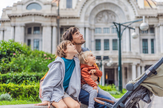 Father tourist with his two sons in front of Palacio de Bellas Artes in Mexico City, enjoying family vacation, cultural exploration, and architecture. Family travel and bonding concept