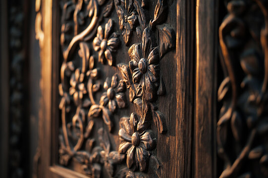Intricate Hand-Carved Floral Details on Ancient Newari Wooden Door in Nepal