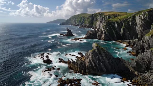 Waves crash against rugged cliffs as the sun rises, casting golden light over serene waters. The breathtaking views of the Irish coastline inspire awe and peace.
