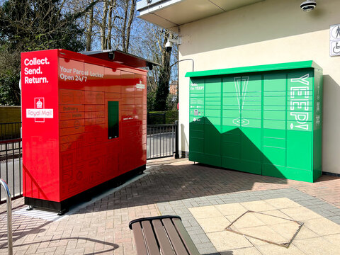 Staines, UK - March 17 2026: Royal Mail and Yeep parcel lockers for people people to send and collect parcels