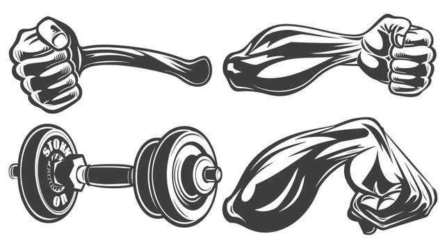 A stylized illustration depicting muscular arms flexing and a dumbbell. Four graphic elements