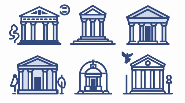 Collection of stylized, vector illustrations of iconic buildings with classical architecture