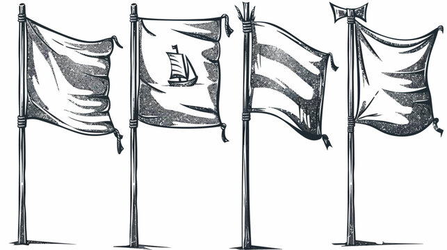 Four drawn, vintage, flags on poles, each with a unique design and texture