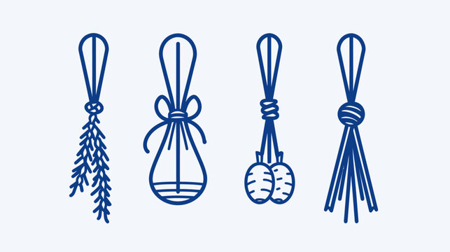 Four blue, knotted hanging ornament drawings with varying decorations on white background