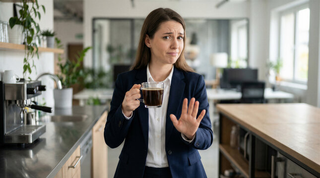 Businesswoman in suit holding a cup of coffee and making a stop gesture with her hand in a modern office kitchen