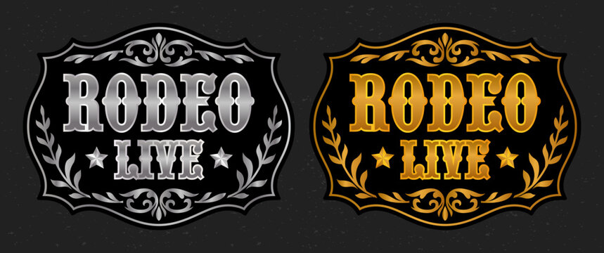 Live Rodeo Label belt buckle old west cowboy style tag Cowboy engravings details Cowgirl Rustic Decor style emblem vector metal stylized design